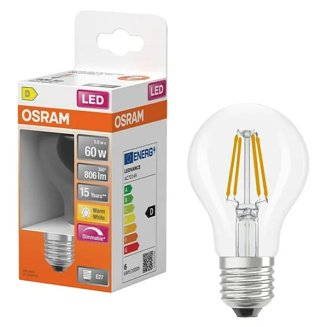 Osram LED Superstar Classic A 60 Filament, 5,9 W, 806 lm, E27, dimmbar, warmweiß, klar