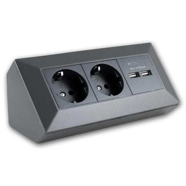 Chilitec 2-fach Steckdosenblock +2x USB 3.1A, max. 3600 W, Aufbaumontage, anthrazit