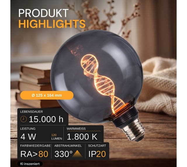 ENOVALITE LED Filament Leuchtmittel, DNA, Smoke, E27, 3.5W, 120 lm, 1800K, dimmbar