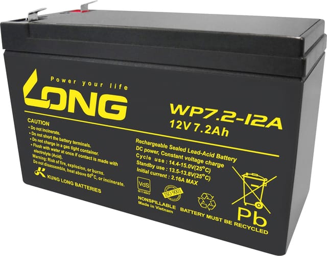 Kung Long Blei-AGM-Akku WP7.2-12A-F2, 12V, 7,2Ah, 6,3mm Kabelschuh