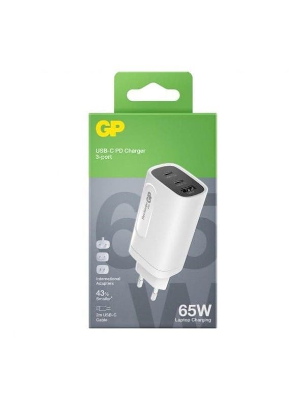 GP Steckerlader GM3A 65W, GaN, 2x USB-C und 1x USB-A, Weiß