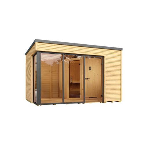 Weka Design-Saunahaus Cubilis Außenmaß 388 cm x 314 cm Sparset 9 kW Kompakt