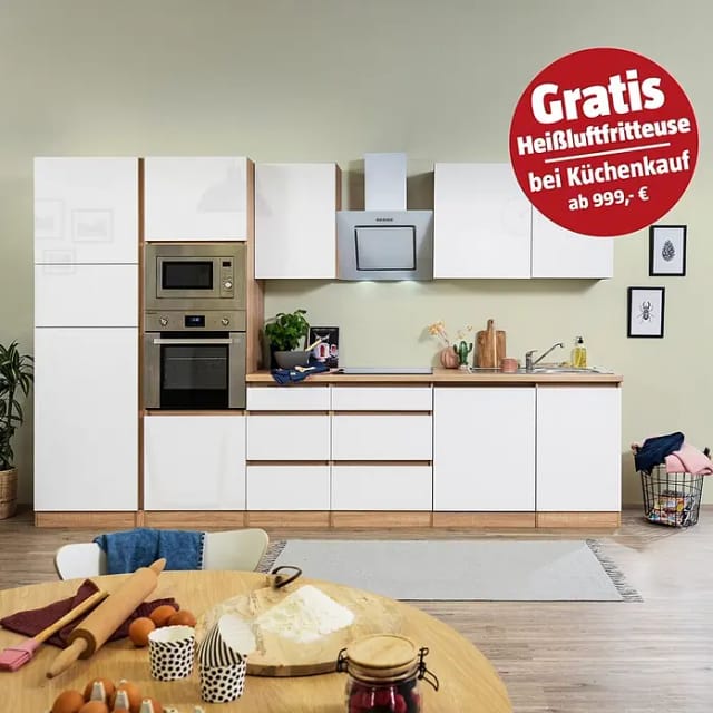 Respekta Premium Küchenzeile Grifflos 345 cm Weiß Hochglanz-Eiche Sägerau