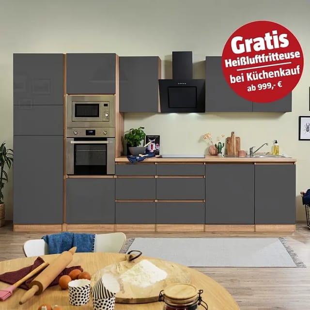 Respekta Premium Küchenzeile Grifflos 345 cm Grau Hochglanz-Eiche Sägerau