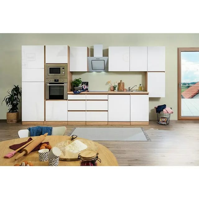 Respekta Premium Küchenzeile Grifflos 395 cm Weiß Hochglanz-Eiche Sägerau