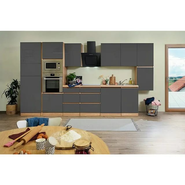 Respekta Premium Küchenzeile Grifflos 395 cm Grau Hochglanz-Eiche Sägerau