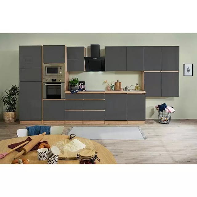 Respekta Premium Küchenzeile Grifflos 445 cm Grau Hochglanz-Eiche Sägerau