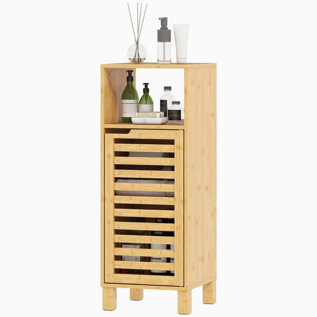 Armoire De Salle De Bain, Étagère Ouverte, Meuble En Bambou, Porte À Lattes, Brun Clair