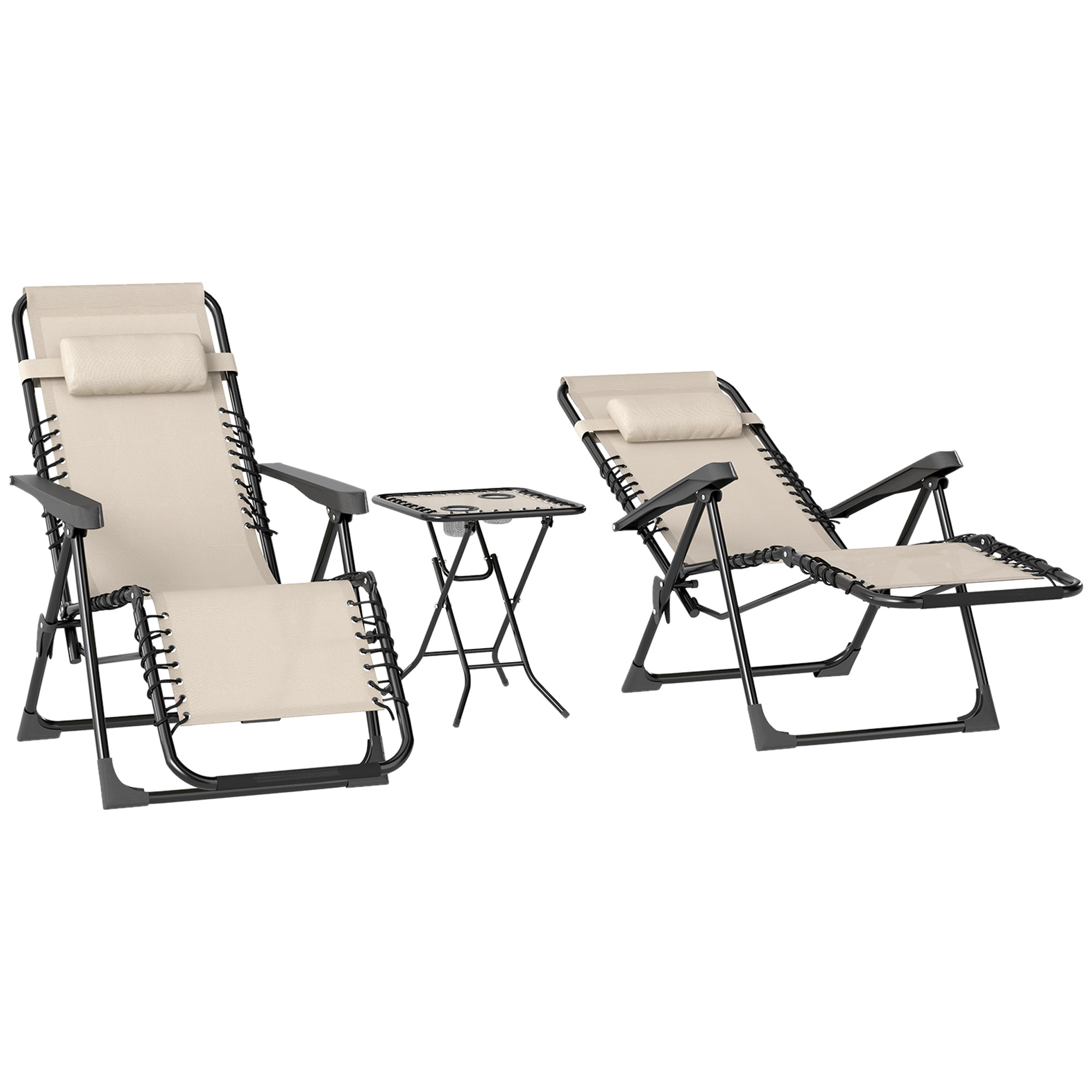 Ensemble Canapé De Jardin 3 Pièces : 2 Transats Avec Table Basse, Coussins, Lit De Soleil Extérieur 90x56x110 Cm, Beige