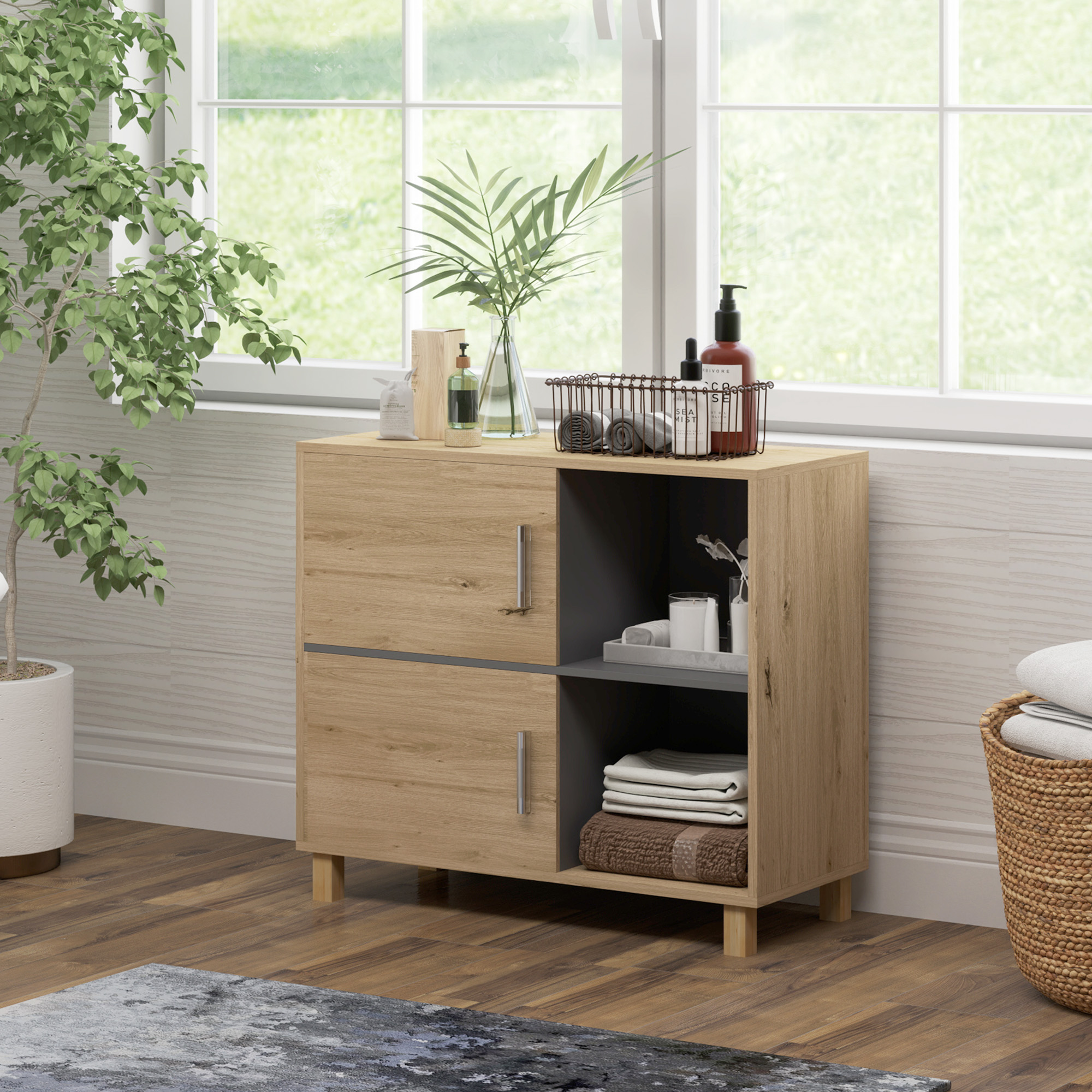 Badezimmerschrank, Aufbewahrungseinheit Mit Offenen Fächern Und Schränken, Maße 80 X 35 X 70 Cm, Naturholz