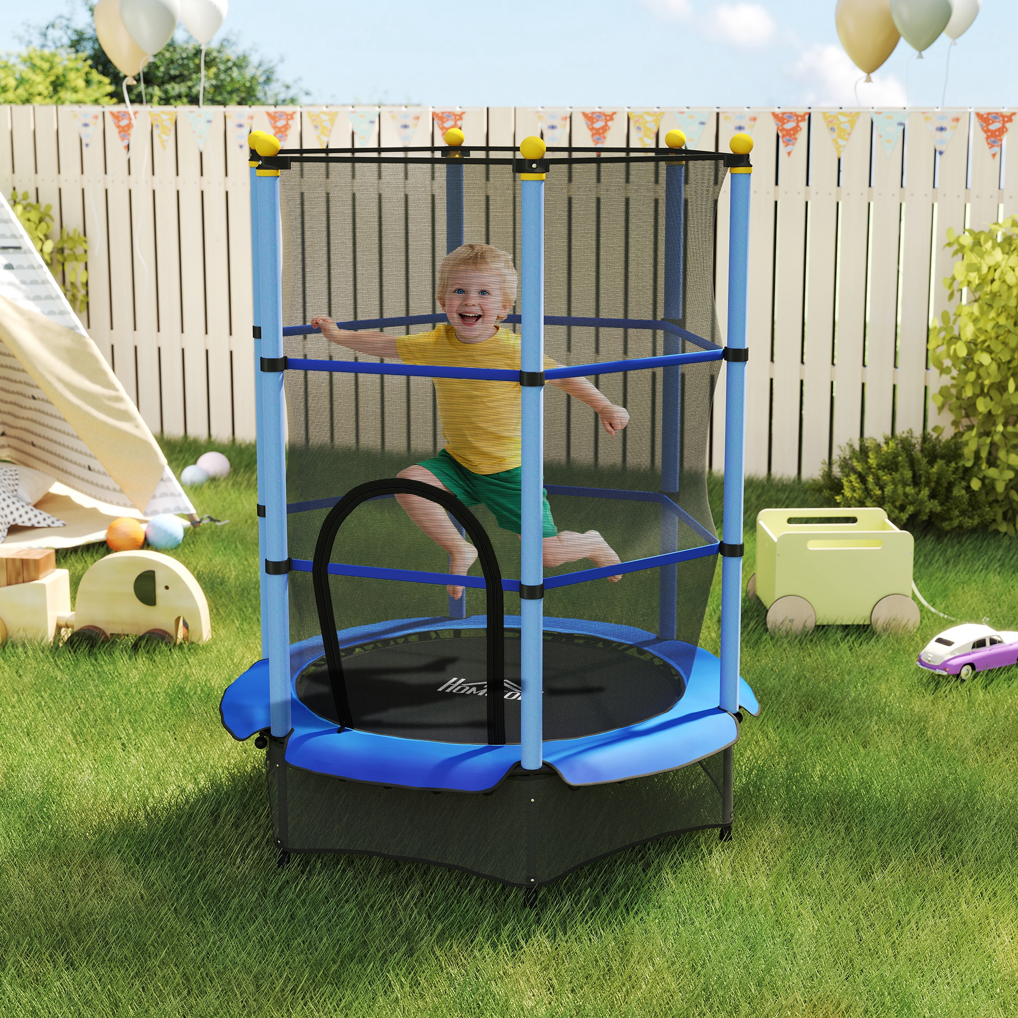 Kindertrampolin Ø 1,40 × H 1,90 M, Sicherheitsnetz Mit Reißverschluss, Türfedern, 6 Gepolsterte Stangen Inklusive, Blau