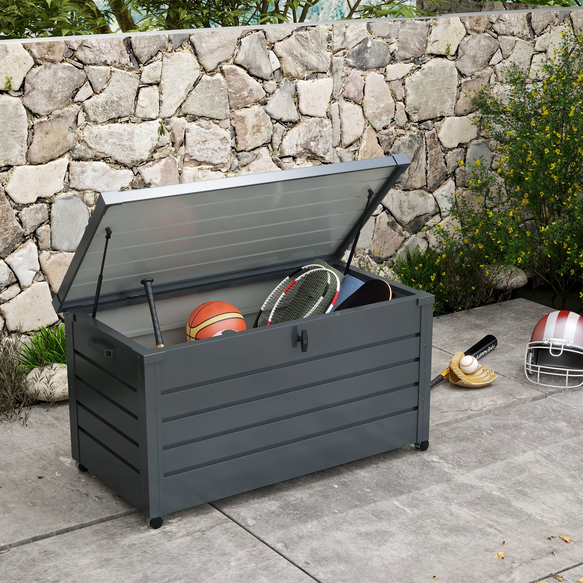 311-liter-gartenbox Mit Gasdruckfedern, Rollen Und Griff, Aus Verzinktem Stahl, 120 X 62 X 66 Cm, Grau