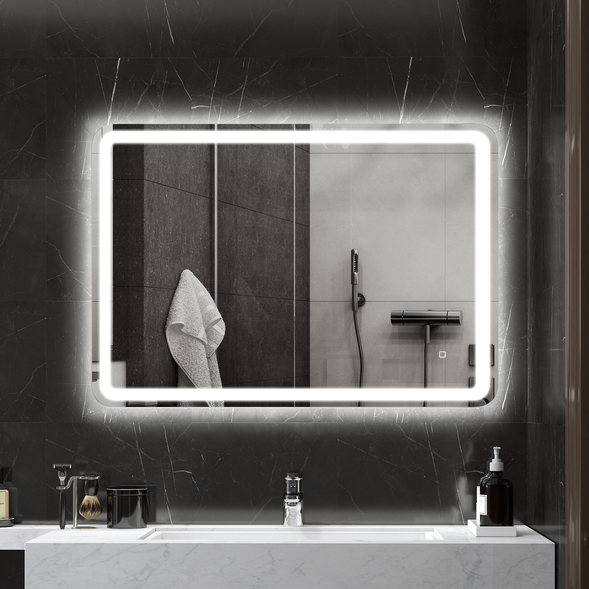 Badezimmerspiegel Mit Touch-schalter, Dreifarbiger Led-beleuchtung Und Antibeschlagfunktion, 70 X 100 Cm