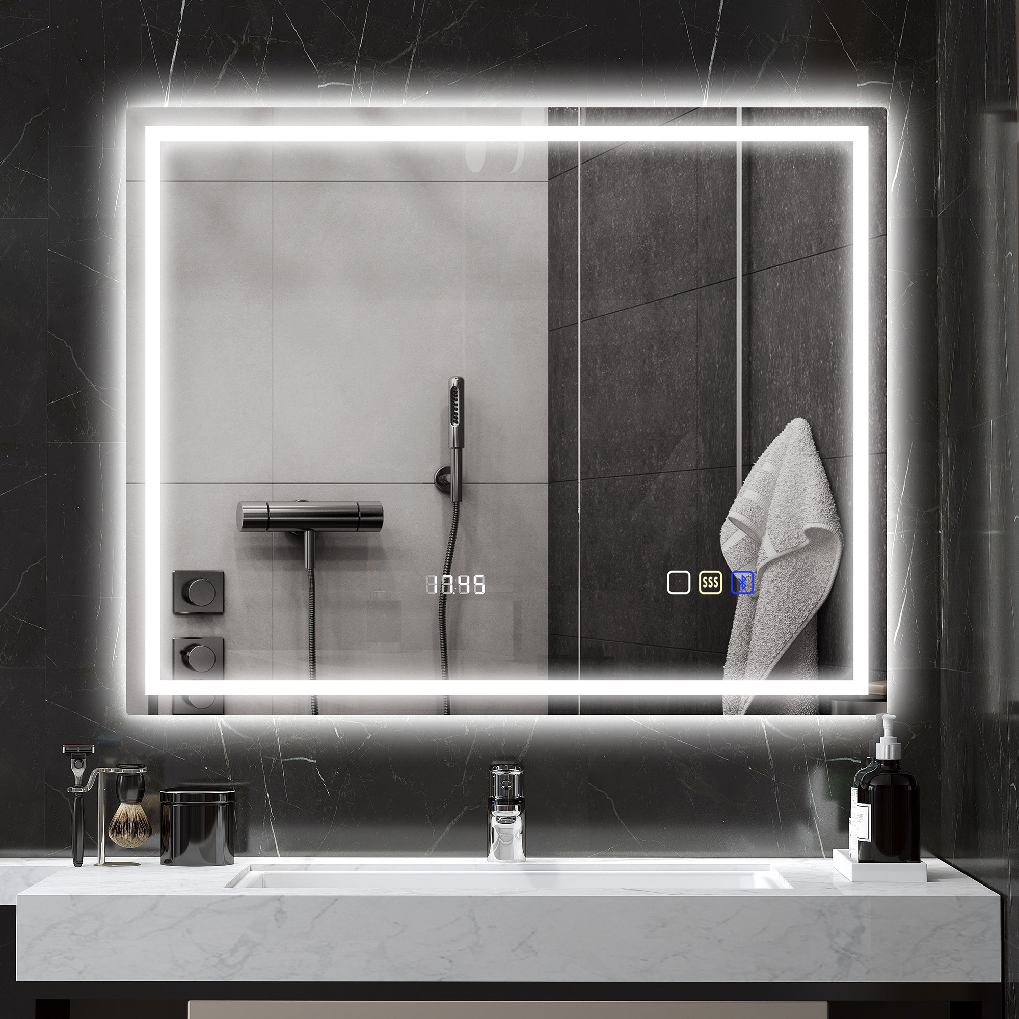 Led-badezimmerspiegel Mit Bluetooth, 80 X 100 Cm, Touch-bedienung, Einstellbarer Beleuchtung, 3 Farben, Antibeschlag, Memory-funktion, Silber