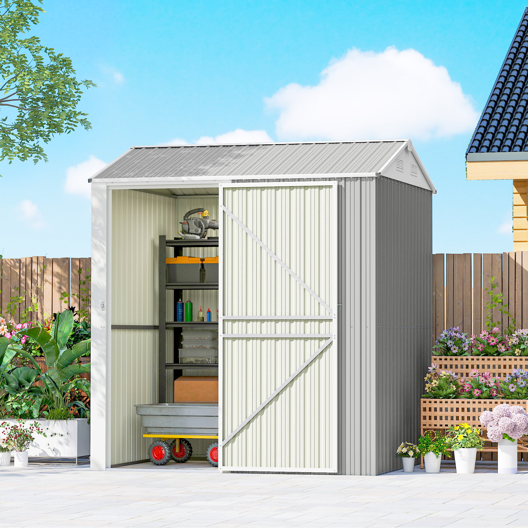 Gartenhaus Aus Stahl, 3,51 M² Hoch, Mit Belüftungsöffnungen Und Abschließbarer Tür, 209 X 177 X 236 Cm, Silber