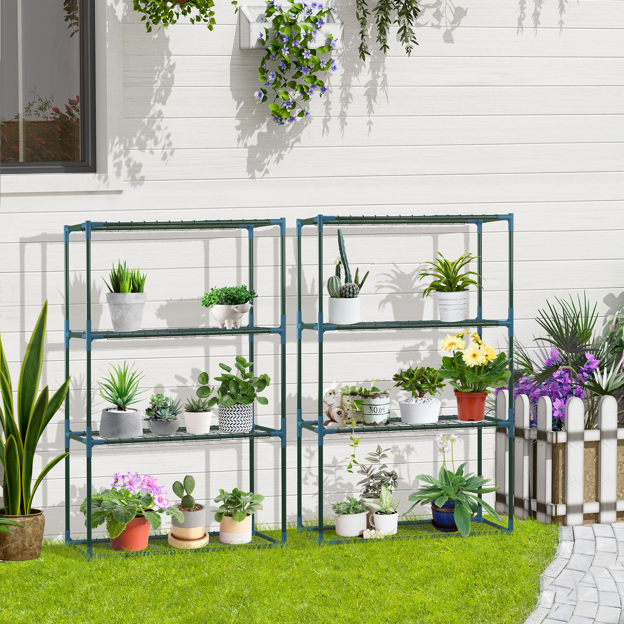 Set Aus 2 Stahl-blumenregalen, 4 Ebenen, Für Den Innen- Und Außenbereich, Pflanzenständer, 70 X 27 X 110 Cm, Grün