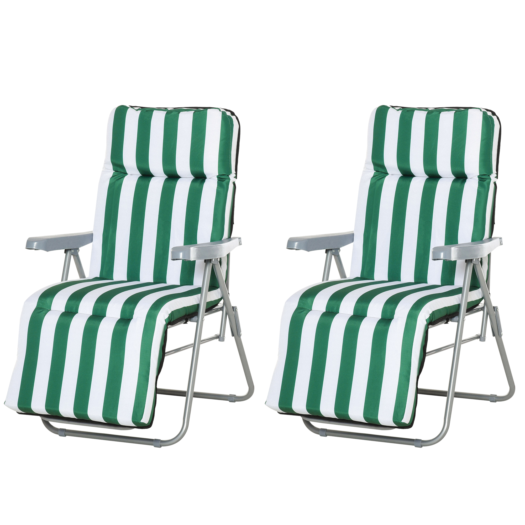 Set De 2 Chaises Longues De Jardin Pliantes, Avec Coussins, 60 X 75 X 102 Cm, Acier, Vert Et Blanc