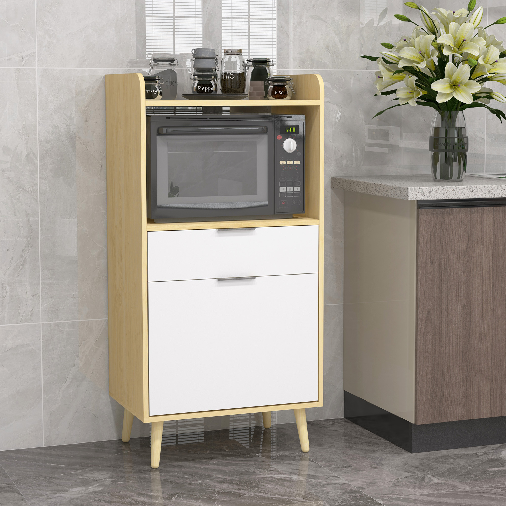 Mikrowellenschrank Aus Spanplatte Mit Staufach, Schublade Und Tür, 58 X 40 X 118 Cm