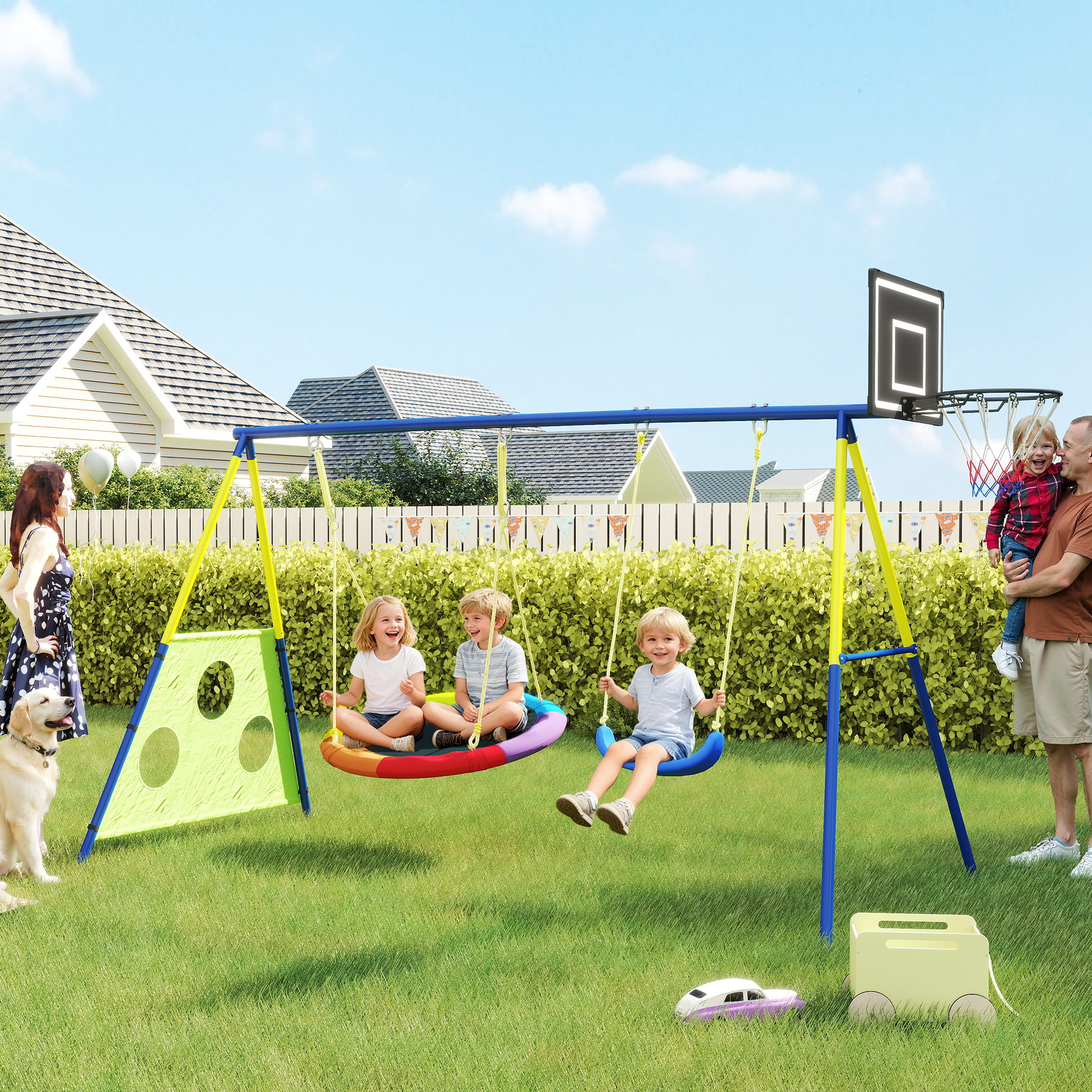 4-in-1-gartenspielanlage Für Kinder Von 3 Bis 8 Jahren Mit 2 Schaukeln, Einem Basketballkorb Und Einem Fußballtor