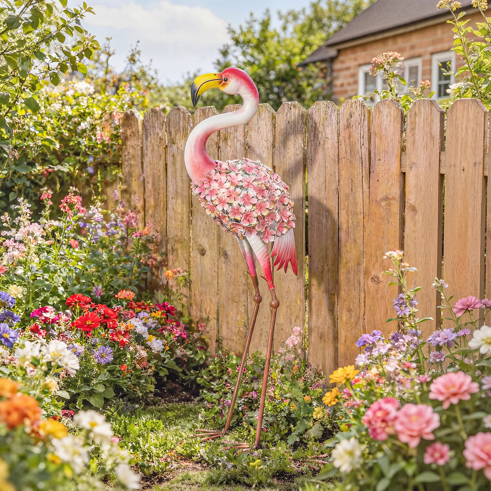 Rosa Flamingo-gartenfigur, Vogelskulptur Aus Metall Mit Blumenfedern, 28 X 19 X 83 Cm, Rot