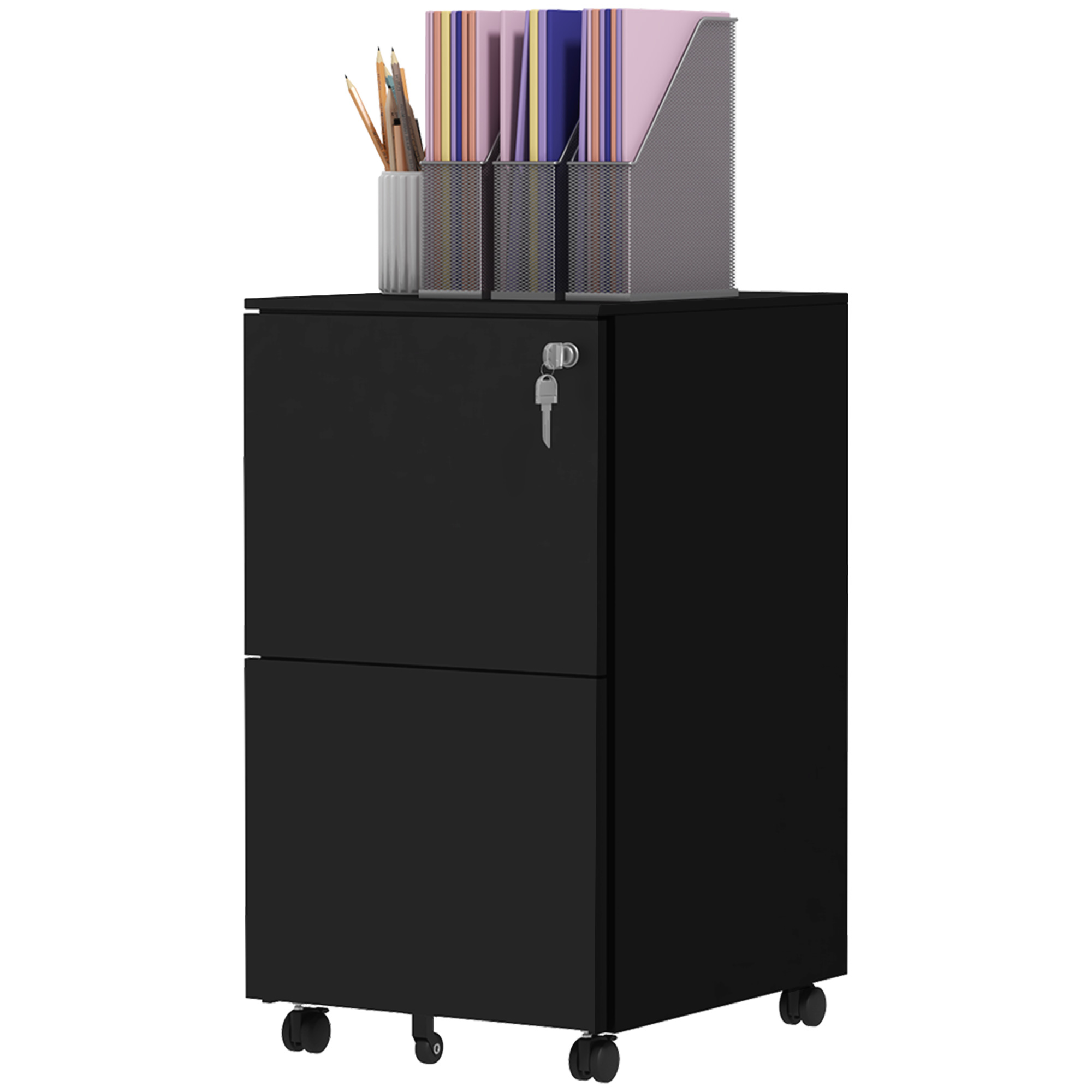 Classeur Mobile 2 Tiroirs Verrouillable, Sur Roulettes, Noir, 37x43,5x67,5 Cm