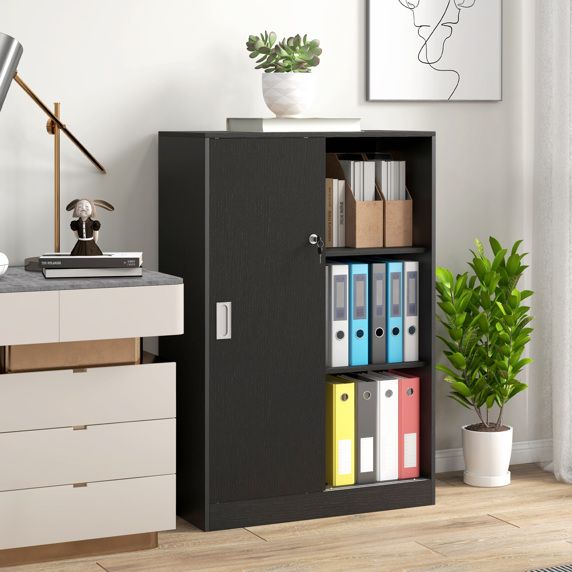Büroschrank Mit 3 Einlegeböden, 2 Sicherheitsschlössern Und Schiebetüren, 80 X 40 X 120 Cm, Schwarz