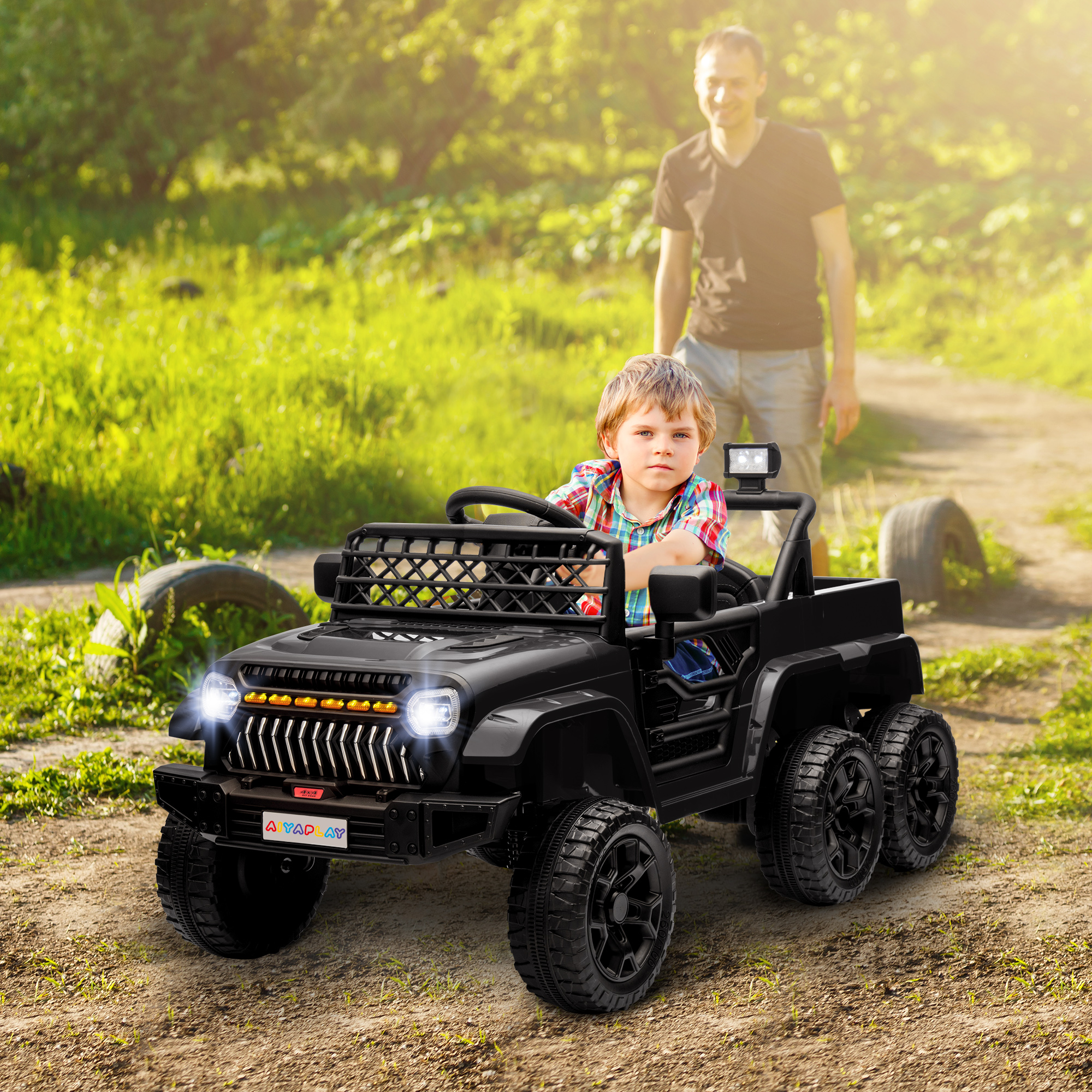 Elektrischer Kinderwagen, 2 X 12-v-motoren, 3 Geschwindigkeitsstufen, Heckwagen, 122 X 62,5 X 65 Cm (l X B X H), Schwarz