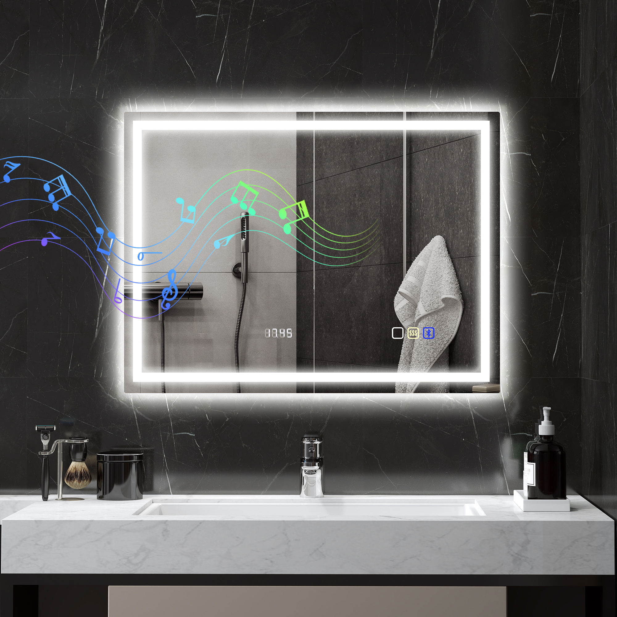 Led-badezimmerspiegel Mit Bluetooth, 60 X 80 Cm, Touch-bedienung, Einstellbarer Beleuchtung, 3 Farben, Beschlagfrei, Memory-funktion, Silber