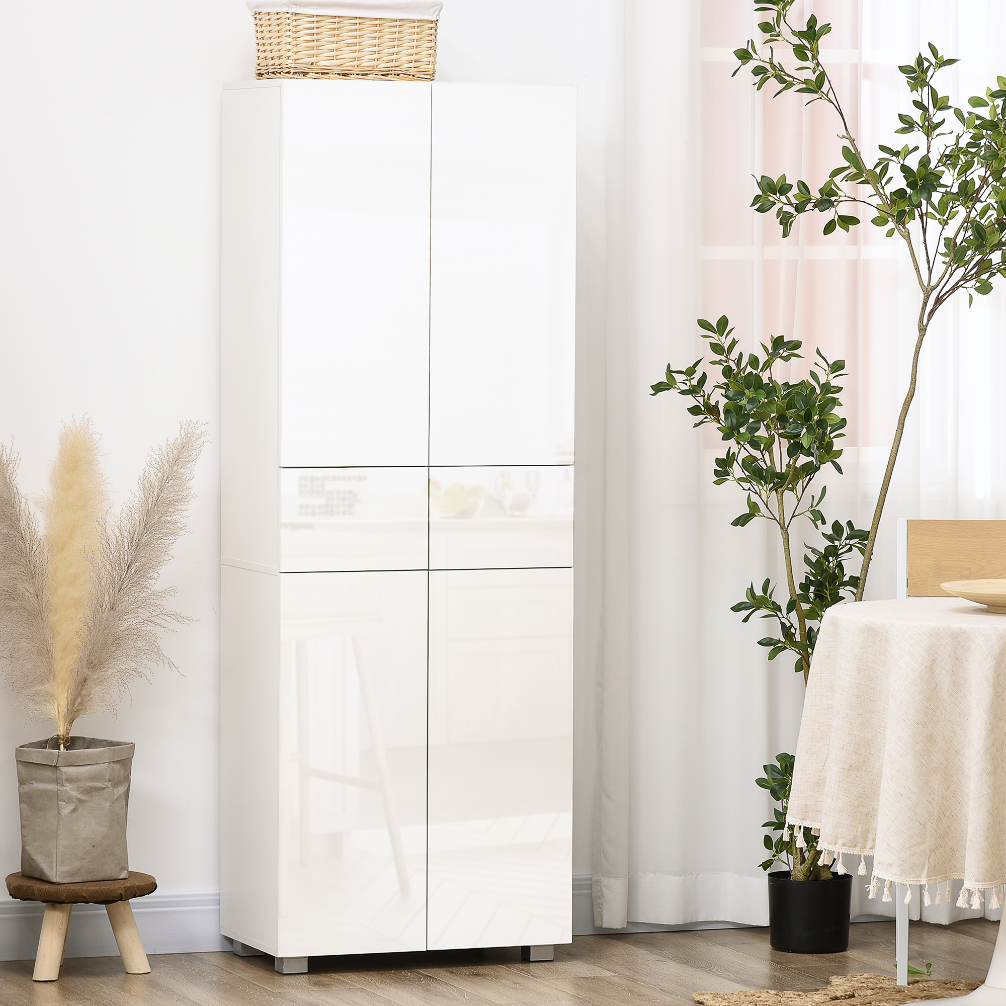 Küchenschrank Mit 4 Türen, 3 Verstellbaren Einlegeböden Und 5 Einlegeböden Aus Mdf Und Spanplatte, 60 X 35 X 170 Cm, Weiß