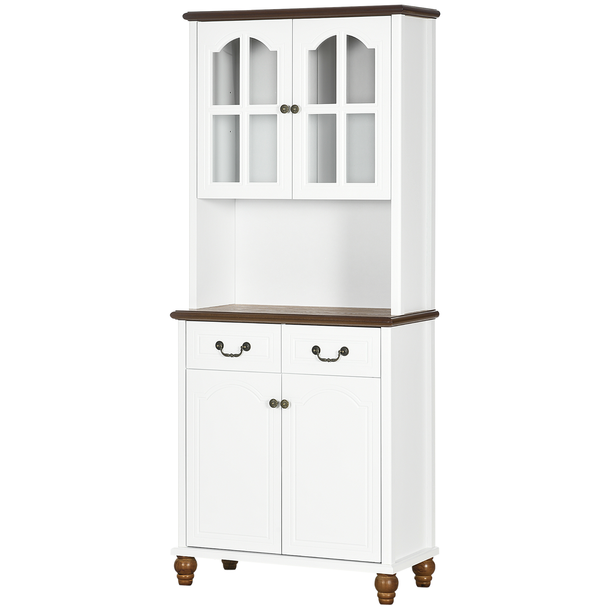 Buffet Armoire De Cuisine, 2 Tiroirs, 2 Compartiments, Style Classique, Blanc + Brun Foncé, 76 X 38 X 182 Cm