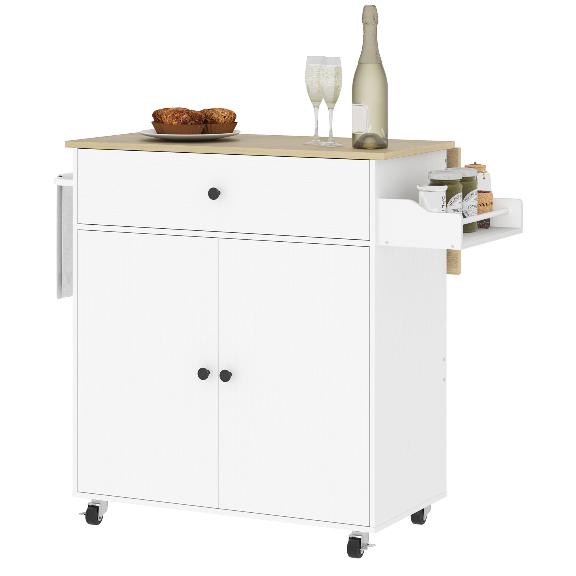 Chariot De Cuisine Tiroir, Compartiment Armoire, Sèche-serviette, 106 X 42 X 87 Cm, Blanc/chêne