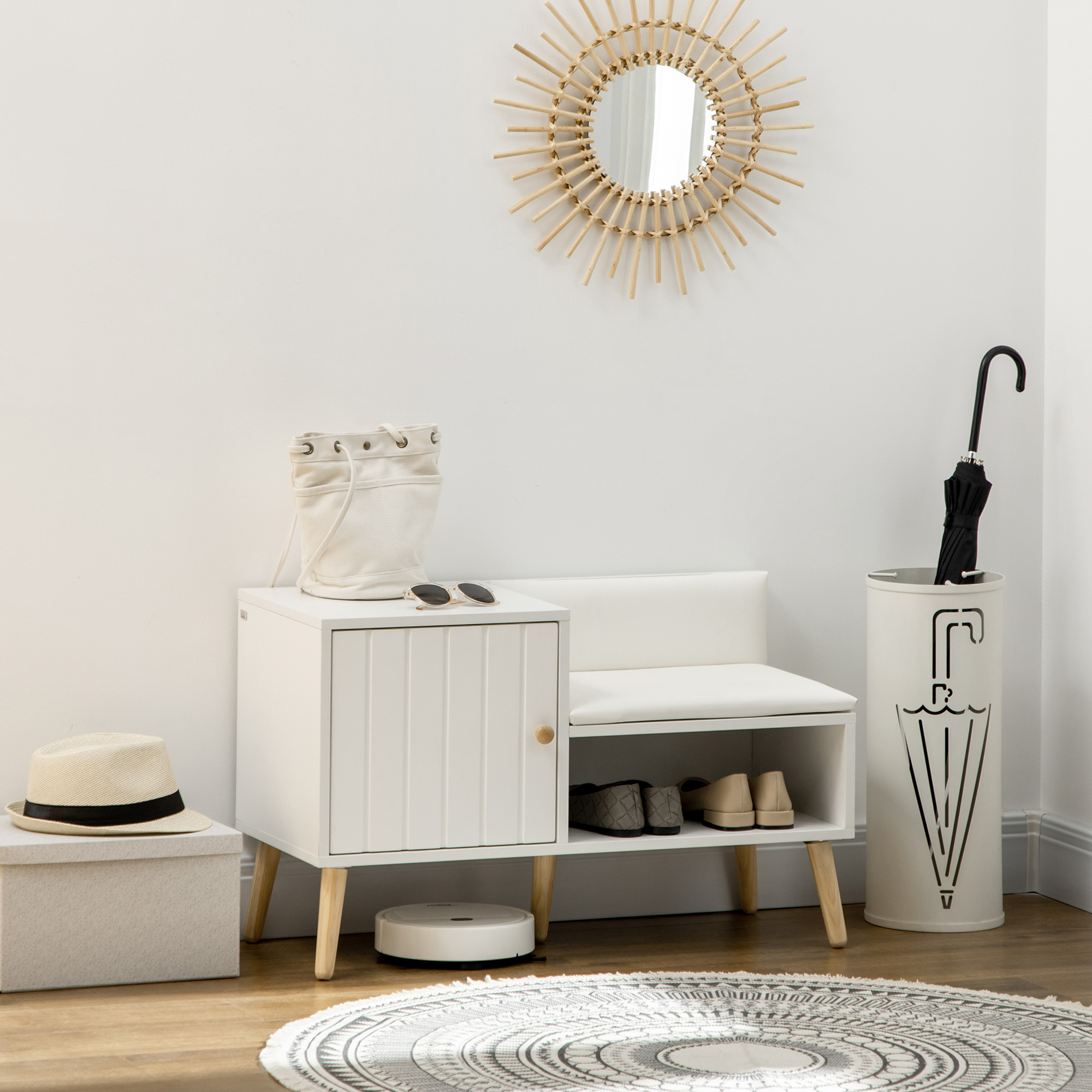 Schuhschrank Für Den Eingangsbereich Mit Gepolsterter Sitzfläche Und Stauraum Für 4 Paar Schuhe, 80 X 33 X 49 Cm, Weiß