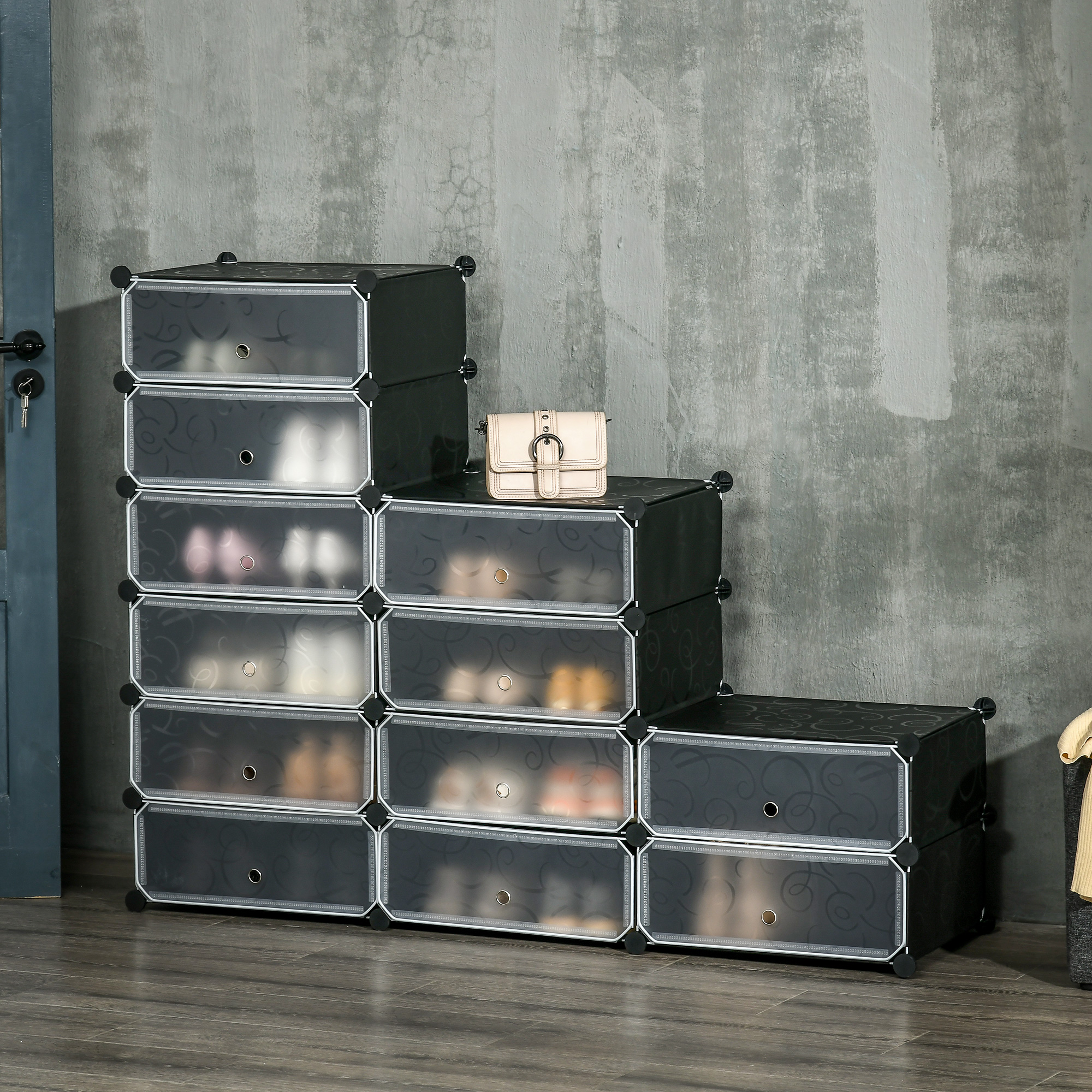 Platzsparendes Modulares Schuhregal, 12 Fächer, 45 X 35 X 16 Cm, Aus Stahl Und Pp, Schwarz Und Weiß