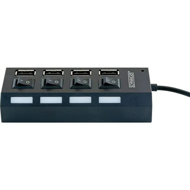 Schwaiger® USB 2.0 HUB 4 fach Schwarz mit Schalter und Status LED