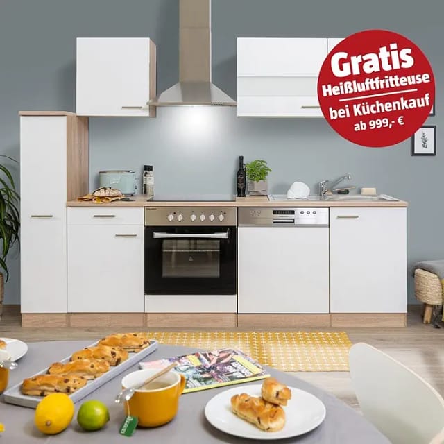 Respekta Küchenzeile KB250ESWC 250 cm Weiß-Eiche Glänzend