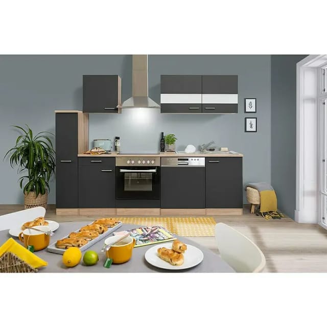 Respekta Küchenzeile KB250ESGC 250 cm Grau-Eiche Glänzend