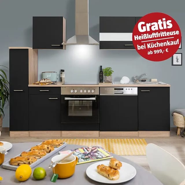 Respekta Küchenzeile KB250ESSC 250 cm Schwarz-Eiche Glänzend