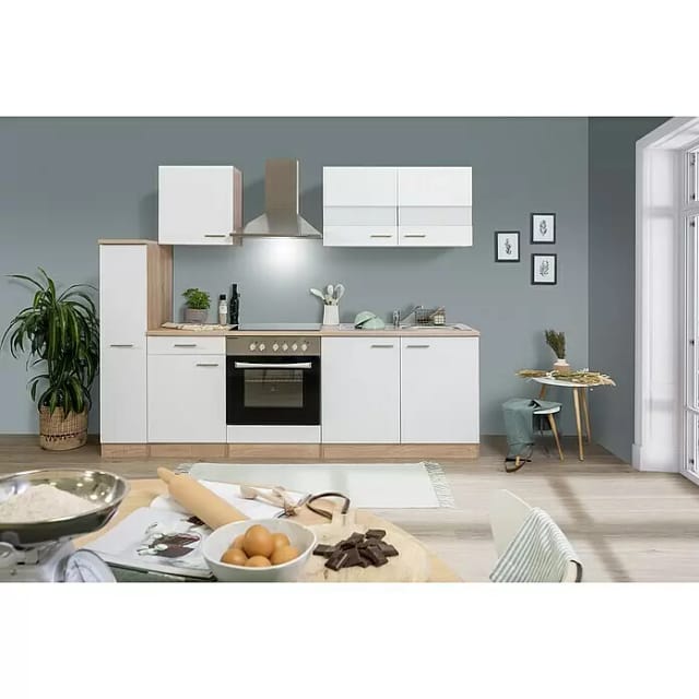 Respekta Küchenzeile KB240ESWC 240 cm Weiß-Eiche Glänzend