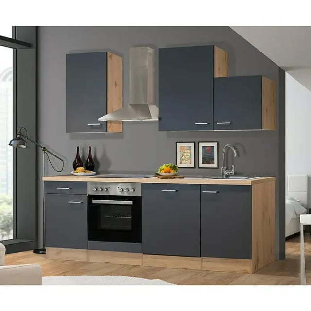Flex-Well Exclusiv Küchenzeile Morena 220 cm Basaltgrau matt - San Remo Eiche