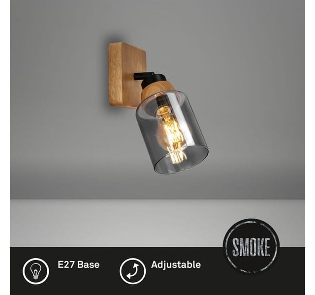 Briloner Wandleuchte Royk Schwenkbar Holzbasis E27 Fassung Rauchglas