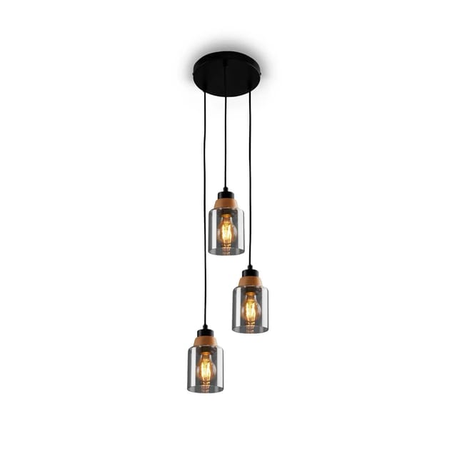 Briloner Pendelleuchte Royk E27 Fassung Holzapplikation Rauchglas