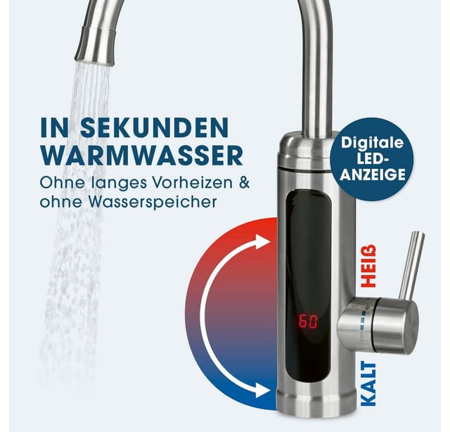 Maxxmee Warm und Kaltwasserarmatur mit integrierter Heizspirale Edelstahl 3600 W