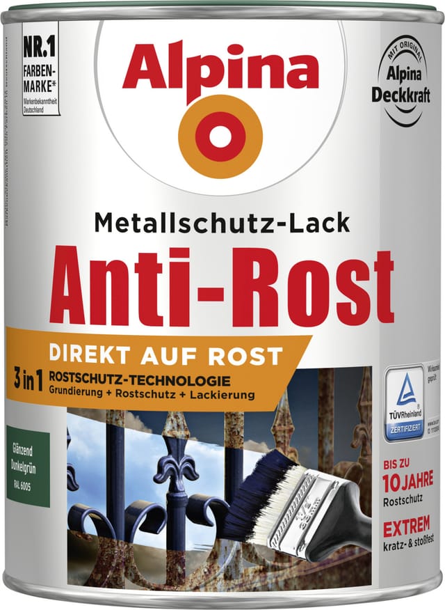 Alpina Metallschutz-Lack Anti-Rost Dunkelgrün glänzend 2,5 Liter