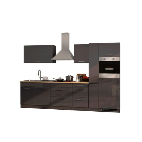 Held Möbel Küchenzeile Mailand 320 cm Grau Hochglanz-Grau Matt mit E-Geräten