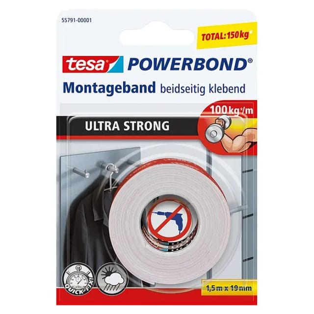 Tesa Powerbond Montageband Ultra Strong 1,5 m x 19 mm