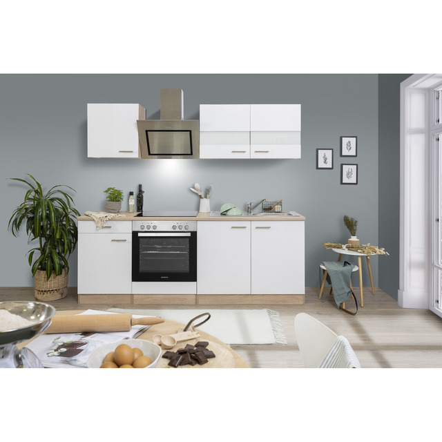 Respekta Economy Küchenzeile KB210ESWSC 210 cm Weiß-Eiche Sägerau Glänzend
