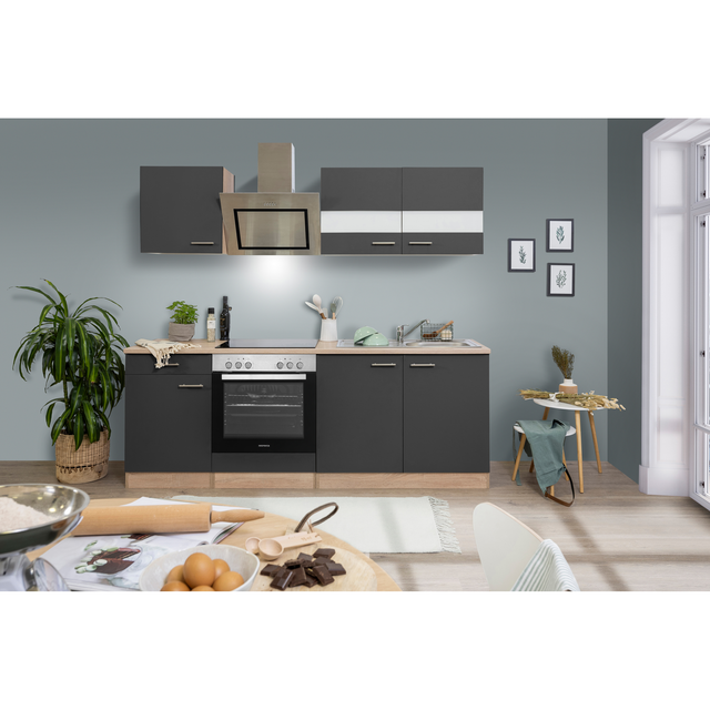 Respekta Economy Küchenzeile KB210ESGSC 210 cm Grau-Eiche Sägerau