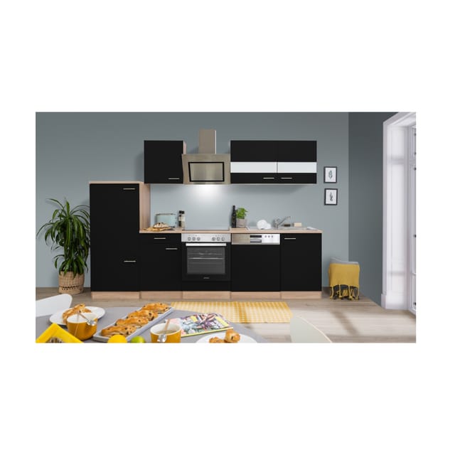 Respekta Economy Küchenzeile KB280ESSSC 280 cm Schwarz-Eiche Sägerau