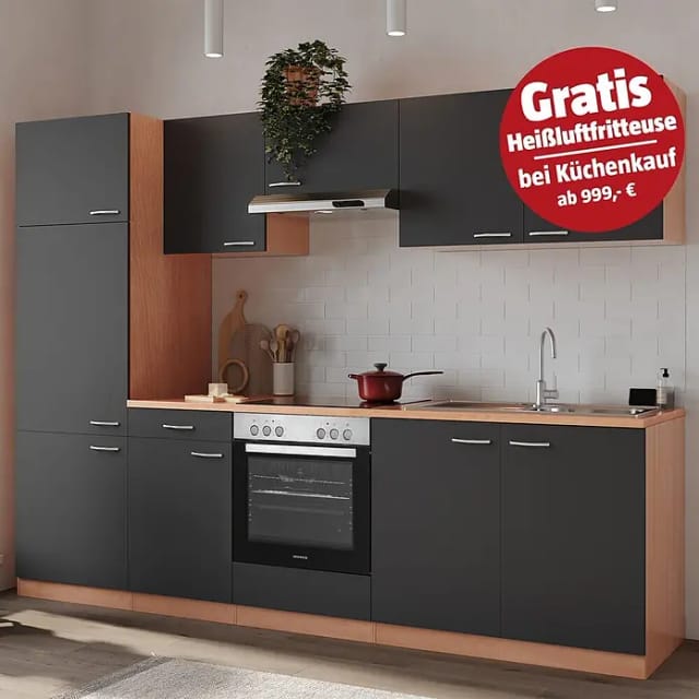 Respekta Küchenzeile KB270BGEC 270 cm Grau-Buche Nachbildung