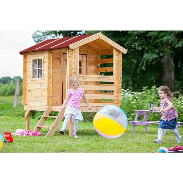 Timbela Kinderspielhaus Holz M501B 1,1 m² auf Stelzen mit Leiter und Holzfenster